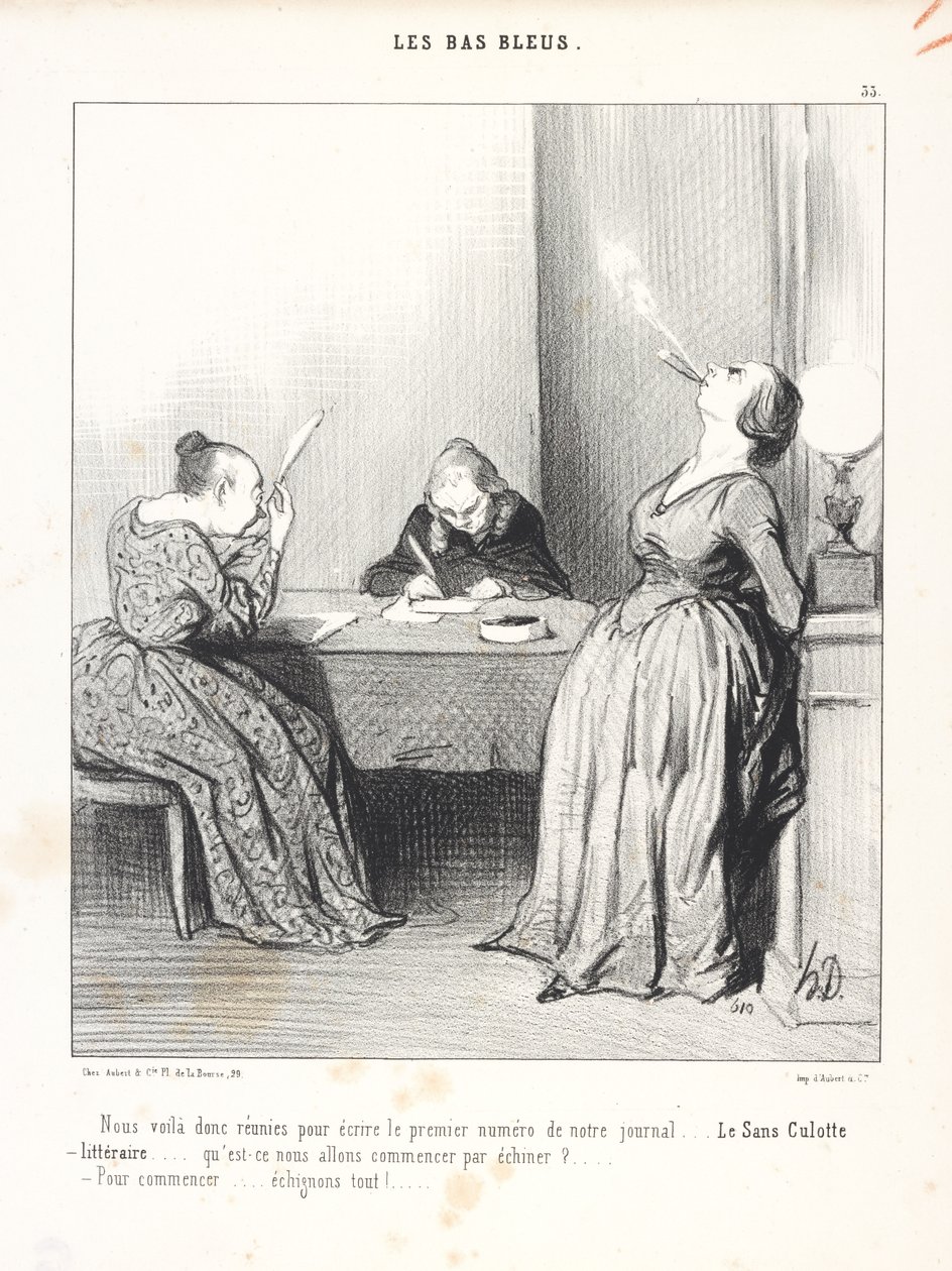 Así que aquí estamos, reunidas para escribir el primer número de nuestro periódico... «Le Sans Culotte littéraire»... ¿por dónde vamos a empezar a despiezarlo... / Para empezar... ¡despiezémoslo todo! (Aquí estamos reunidas para escribir el primer número d de Honoré Daumier