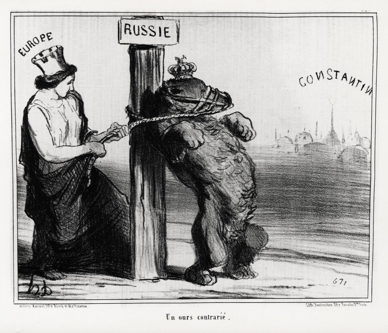 Rusia: un oso molesto (por Europa). En marzo de 1854, Francia e Inglaterra formaron una alianza con Turquía contra Rusia. Ilustración de Honoré Daumier, publicada en las noticias, “Charivari” de Honoré Daumier