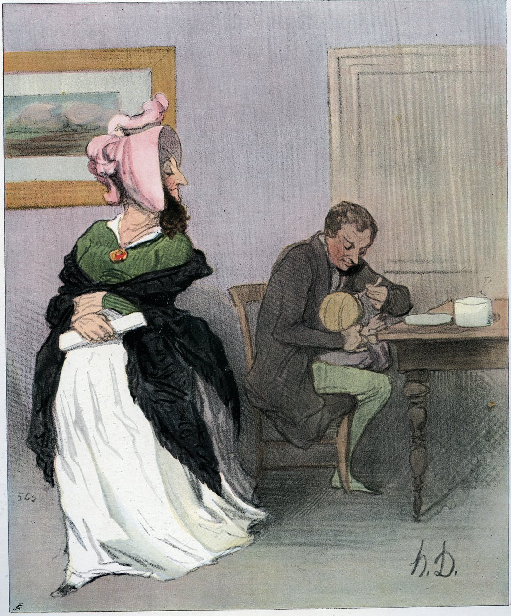 Serie "Les bas bleu", que pone en solfa a las autoras que retrasan la vida familiar y las tareas domésticas en beneficio de su trabajo intelectual y se establecen en un entorno exclusivamente masculino: una joven emancipada, que deja al niño de Honoré Daumier