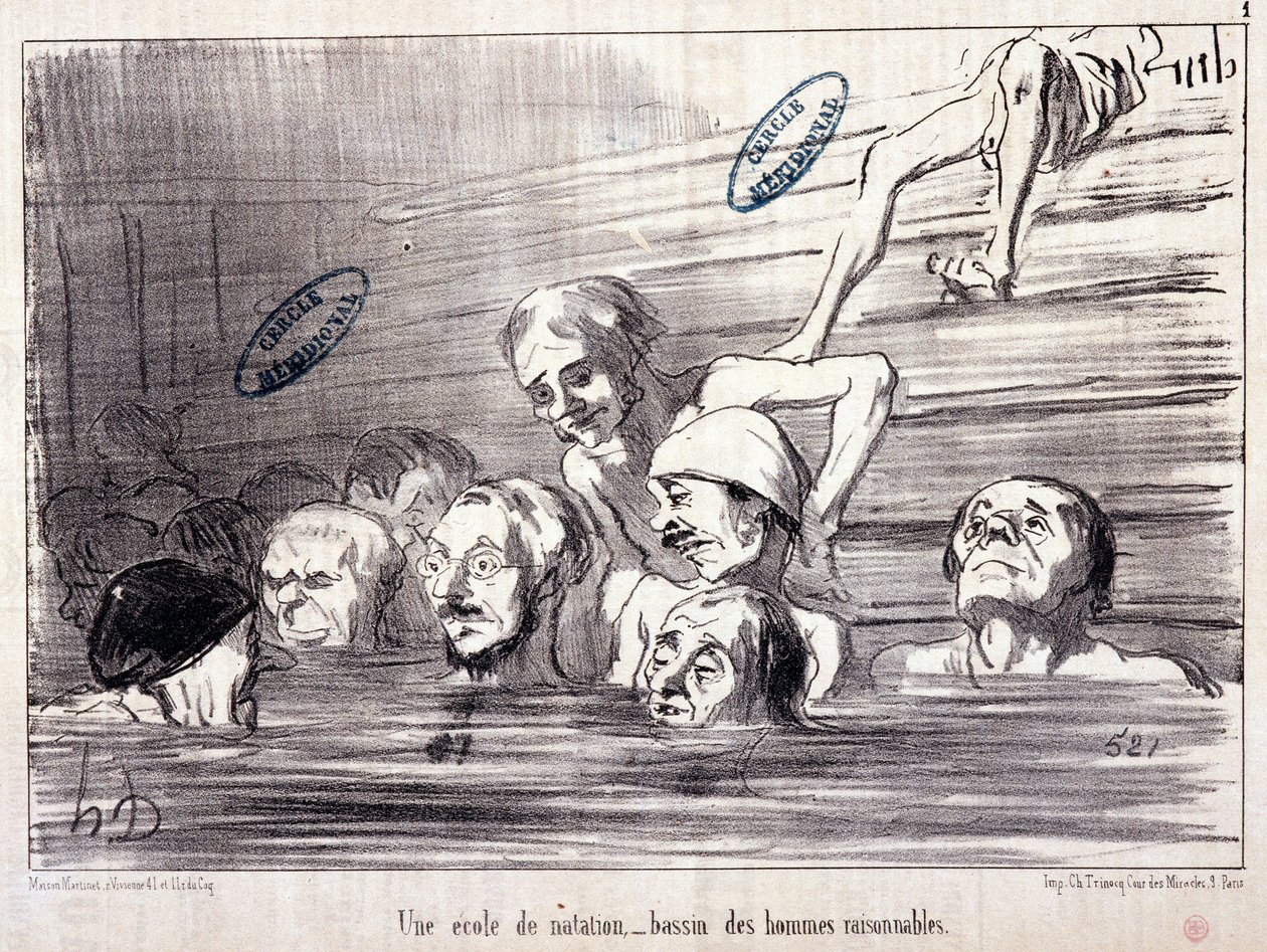 Serie “Les Bains de Mer”: Boceto acuático. Una escuela de natación, una piscina de hombres razonables. Extracto del periódico “Le Charivari” de Honoré Daumier