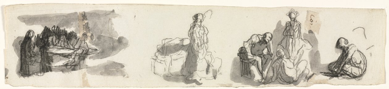 Hoja de estudios con un grupo de cuatro figuras a la derecha (recto) de Honoré Daumier