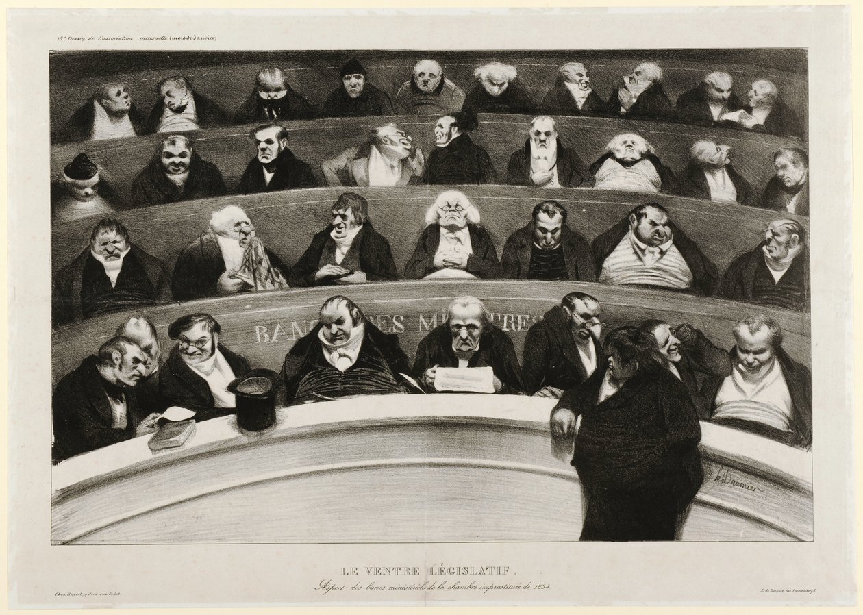 El vientre legislativo: Vista de los bancos ministeriales en la cámara improvisada de 1834 de Honoré Daumier