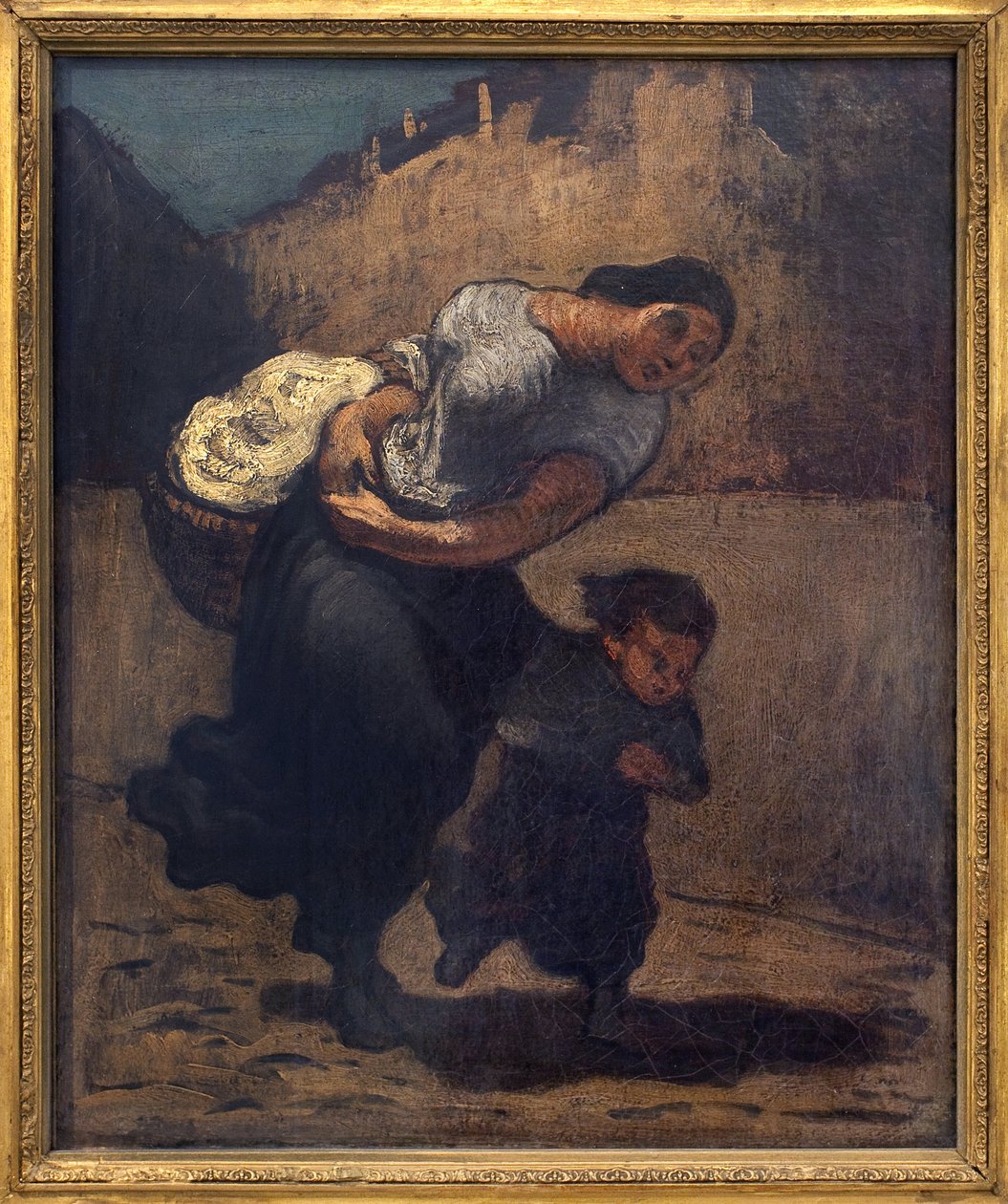La tormenta (la lavanda). Una mujer sosteniendo una cesta corta con un niño, probablemente para protegerse de la lluvia. Obra de Honoré Daumier (1808-1879), óleo sobre cartón de Honoré Daumier