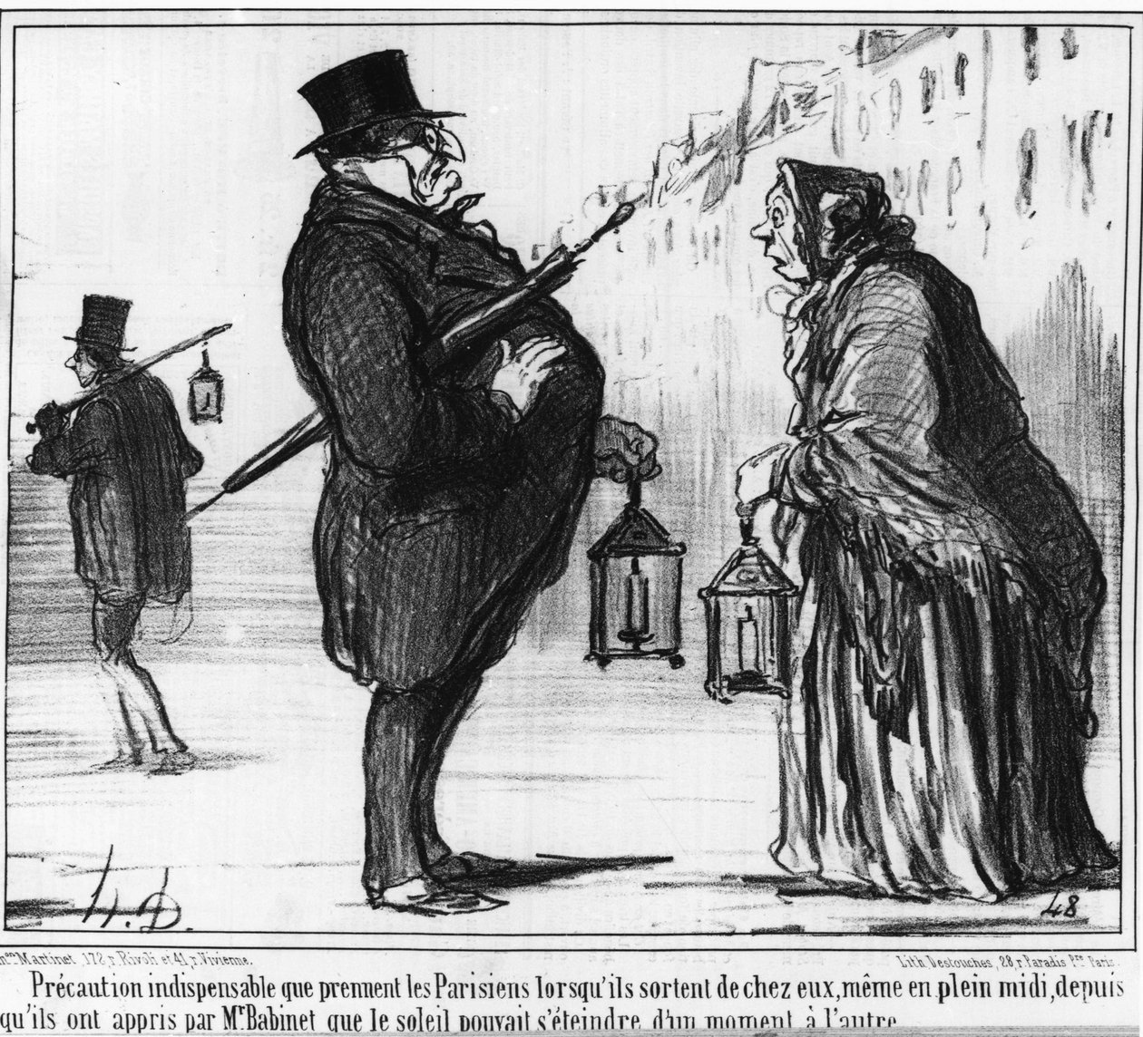 Esto es imprescindible que los parisinos tomen cuando salen de sus casas, incluso en pleno mediodía, desde que aprendieron por Monsieur Babinet que el sol podría desvanecerse de un momento a otro. Caricatura sobre el Cometa y la astronomía de Honoré Daumie de Honoré Daumier