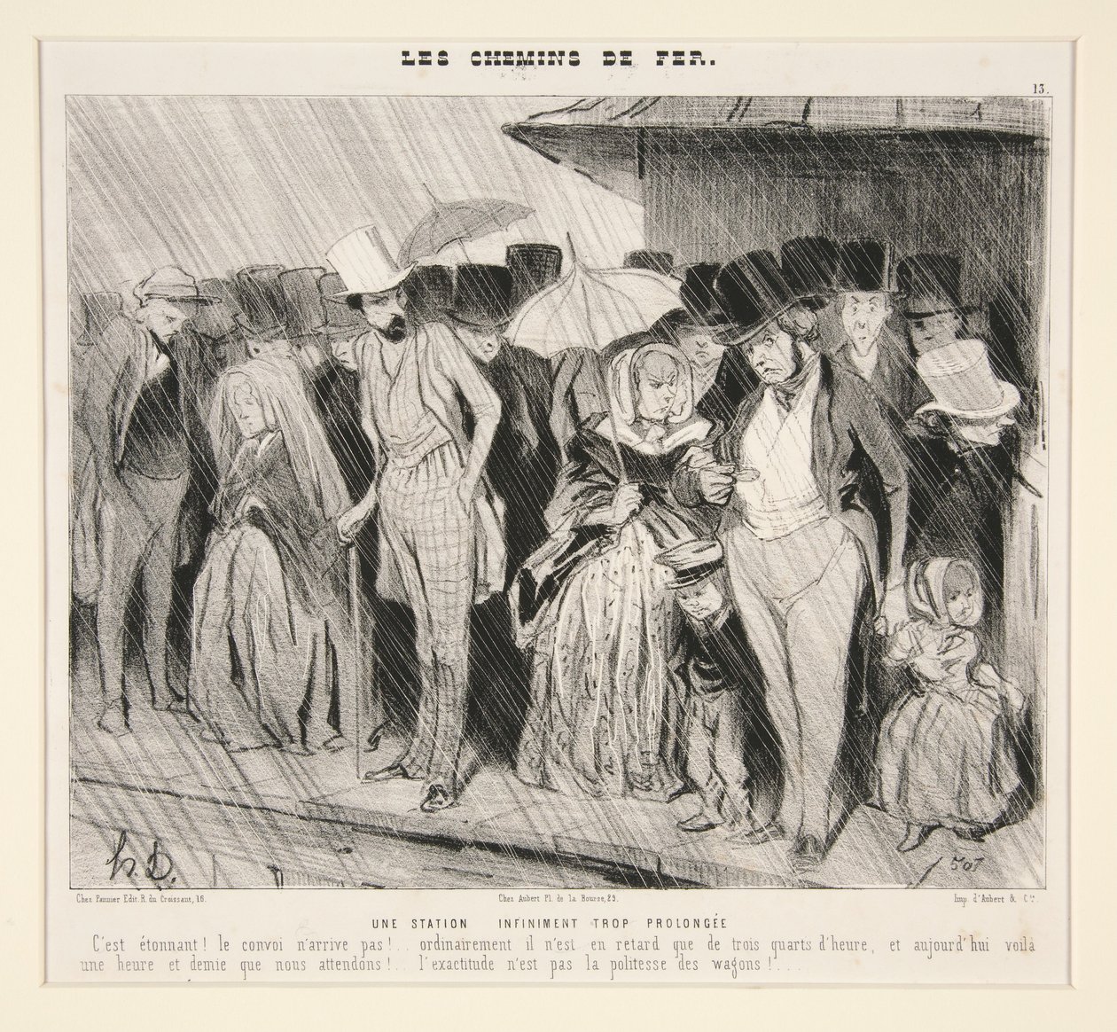 Una parada infinitamente demasiado prolongada: ¡Es asombroso! ¡El convoy no llega!... por lo general solo lleva tres cuartos de hora de retraso,... de Les Chemins de Fer, en Le Charivari, 13 de noviembre de 1843 de Honoré Daumier