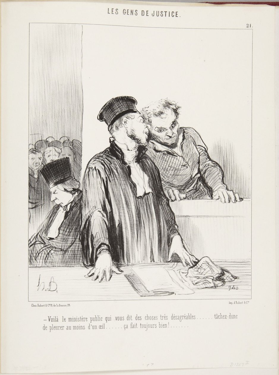 Ahí está el fiscal diciéndole cosas muy desagradables... intente al menos llorar con un ojo... ¡siempre da buena impresión! de Honoré Daumier