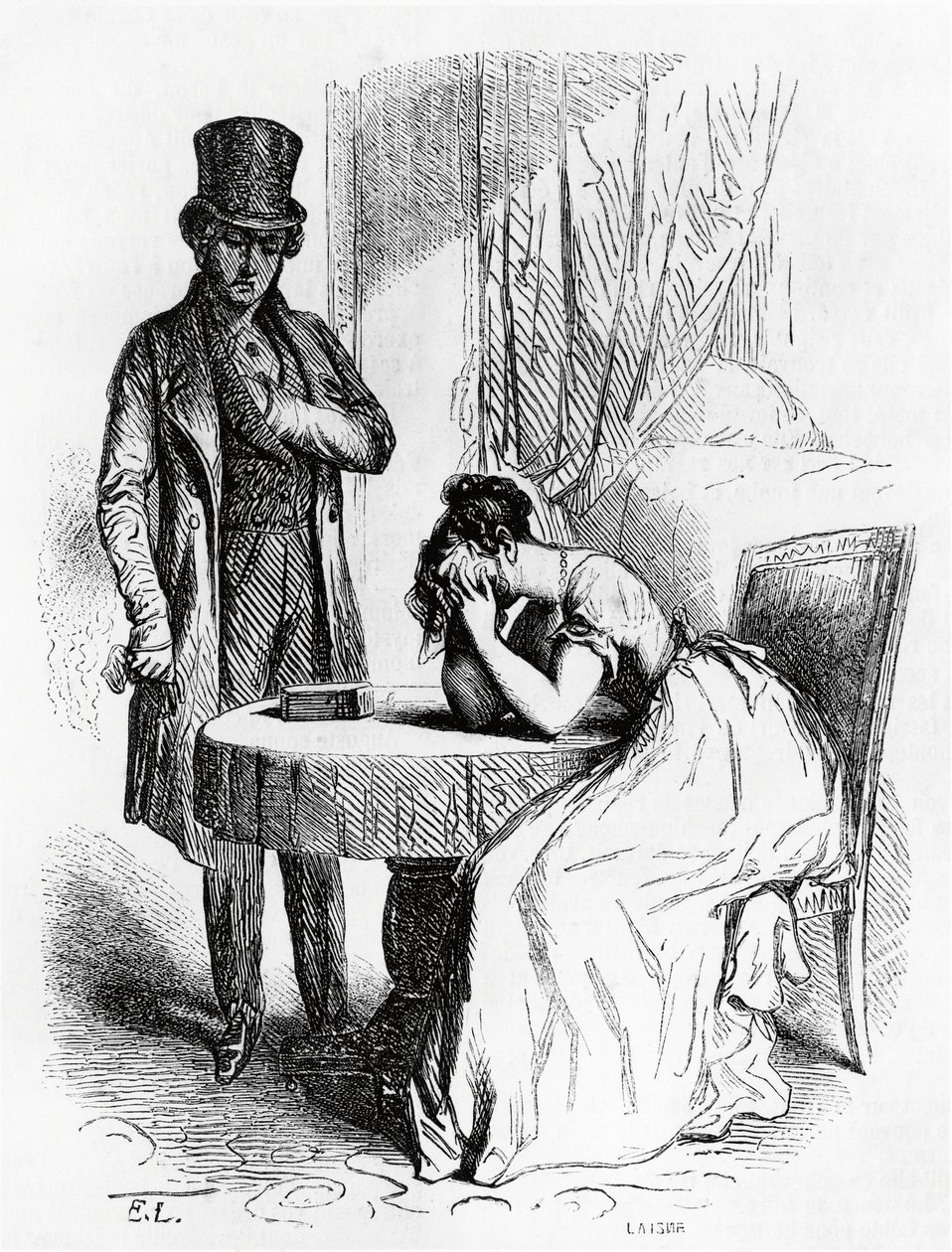 Mujer desesperada bajo la mirada de un hombre, ilustración de Ferragus de Honore de Balzac (1799-1850), edición francesa. de Honore de Balzac