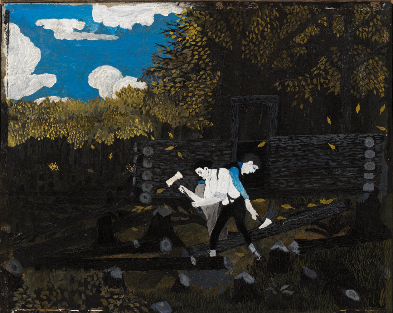 Abraham Lincoln y su padre construyendo su cabaña en Pigeon Creek de Horace Pippin