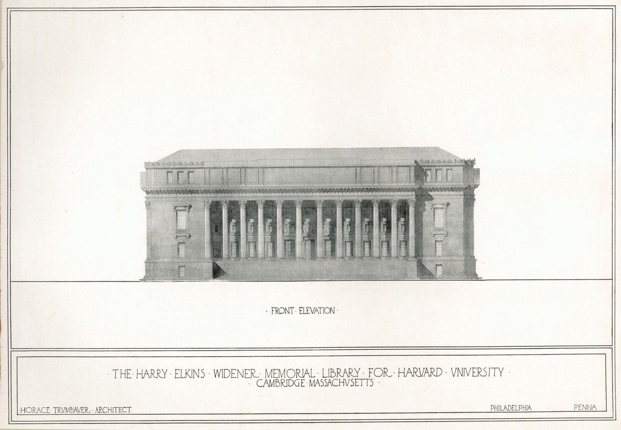 Elevación frontal, la Biblioteca Memorial Harry Elkins Widener para la Universidad de Harvard, Cambridge, Massachusetts de Horace Trumbauer