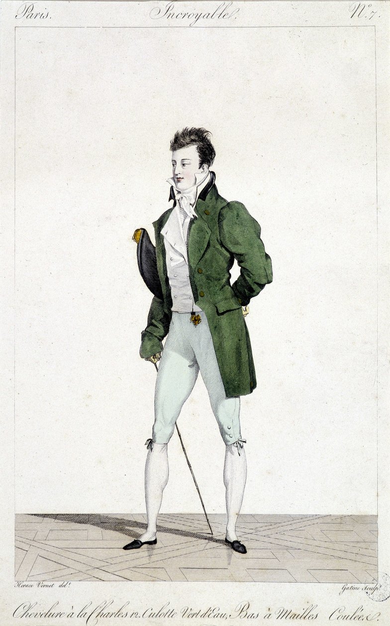París asombroso. Hombre con el cabello de Carlos XII, usando calzones verde agua y medias de malla. Ilustración de la moda masculina realizada alrededor de 1810 por Horace Vernet (1789 - 1863). de Emile Jean Horace Vernet