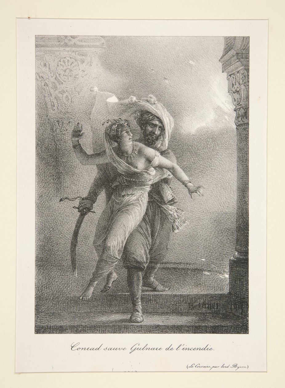 Conrad salva a Gulnare del incendio (El corsario de Byron) de Horace Vernet