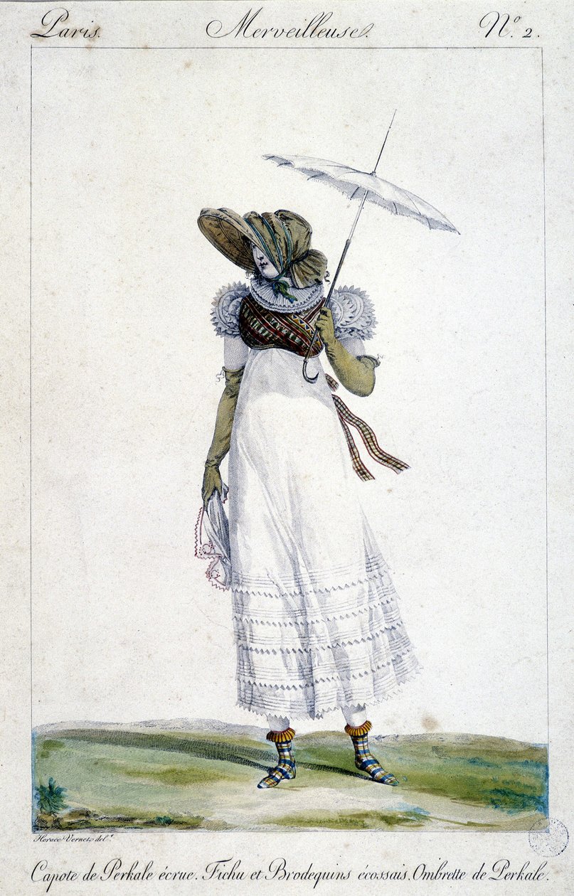 Grabado de moda por Horace Vernet (1789 - 1863), realizado alrededor de 1810 para “A Wonderful”, que representa a una mujer con un dosel ecru, un bordado sangriento, tartán y un paraguas de Emile Jean Horace Vernet
