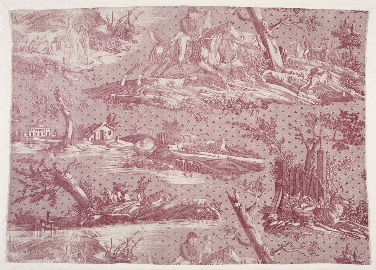 Fragmento de algodón estampado al cobre con escena de caza de Horace Vernet