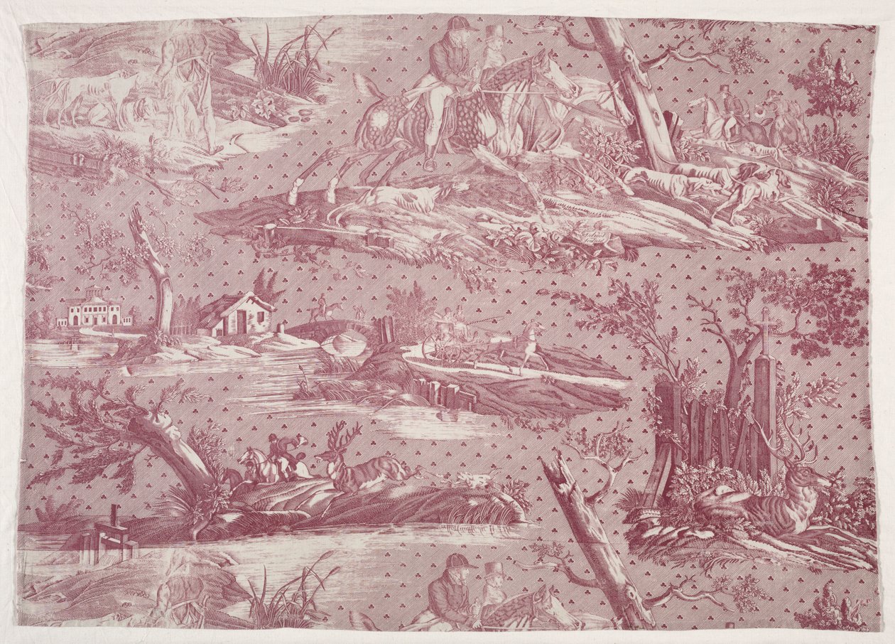 Fragmento de algodón impreso con diseño de escena de caza, c. 1815 de Emile Jean Horace Vernet