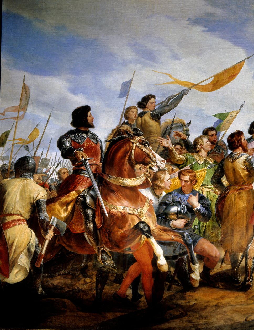 Guerra franco-inglesa (1202-1214): "la Batalla de Bouvines el 27/07/1214, Felipe Augusto pone en juego la corona de Francia". Se opuso el ejército francés de Felipe Augusto contra los flamencos y güelfos de Otón IV. La victoria francesa fue decisiva en la de Emile Jean Horace Vernet