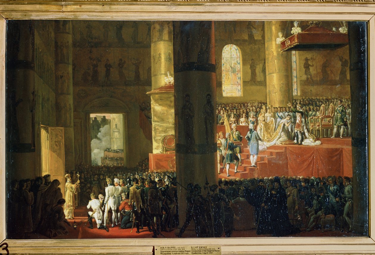 La coronación de la emperatriz María Feodorovna, 5 de abril de 1797. (La coronación de la emperatriz María Feodorovna el 5 de abril de 1797). Pintura de Horace Vernet (1789-1863). Óleo sobre lienzo, 60 x 95 cm. Arte francés del siglo XIX. Museo Estatal Rus de Emile Jean Horace Vernet