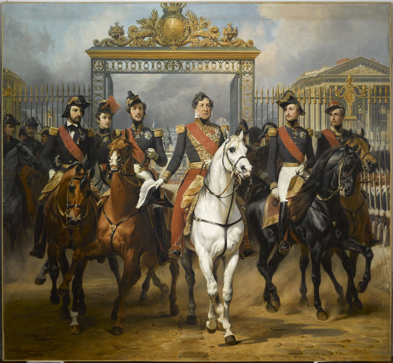 El rey Luis Felipe rodeado de sus cinco hijos saliendo por las puertas principales del castillo de Versalles tras una revista militar en los patios, 10 de junio de 1837. de Horace Vernet