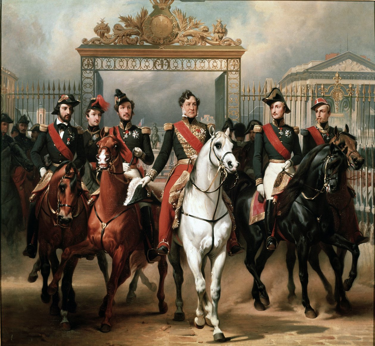 El rey Luis Felipe rodeado de sus cinco hijos saliendo por la reja de honor del castillo de Versalles después de haber pasado una revista militar en los patios de Emile Jean Horace Vernet