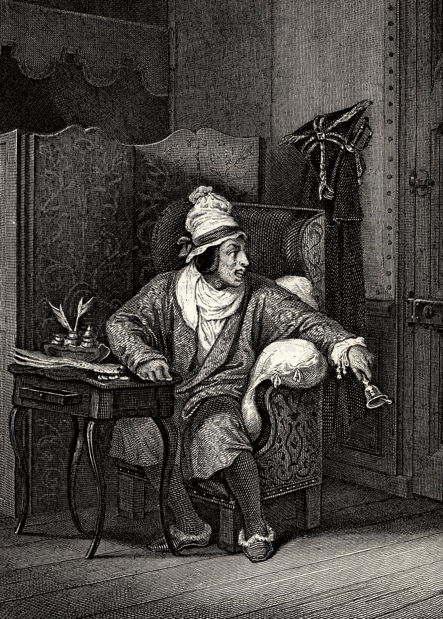Escena de El enfermo imaginario de Molière, por Horace Vernet, grabado - Le Malade imaginaire de Jean-Baptiste Poquelin dit Molière (1622-1673) de Emile Jean Horace Vernet