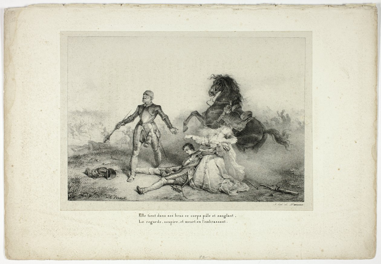 Ella sostenía en sus brazos el cadáver pálido y ensangrentado... de Emile Jean Horace Vernet