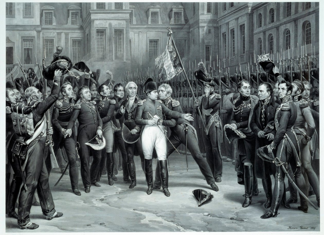 La despedida de Napoleón Bonaparte a la guardia imperial en Fontainebleau de Emile Jean Horace Vernet
