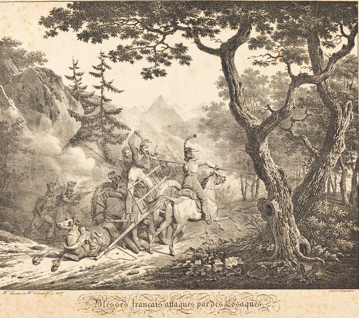 Franceses heridos atacados por un cosaco de Horace Vernet and Hippolyte Lecomte