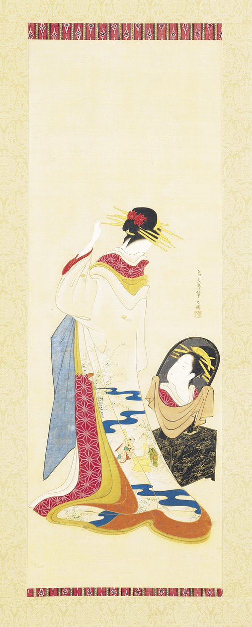 A Beauty Gazing Into A Mirror (tinta y color sobre seda) de Hosoda Eishi