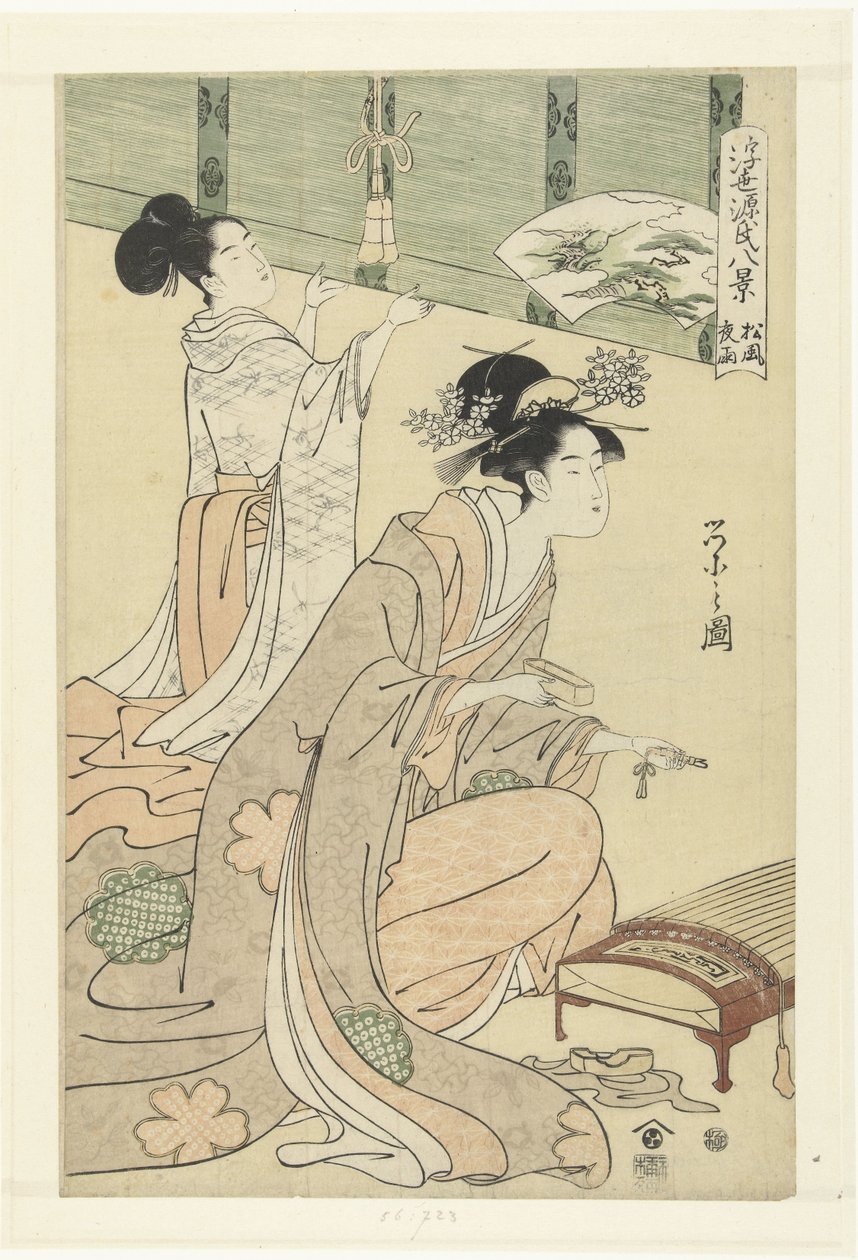 Lluvia y viento de la tarde en los pinos. Matsukaze yau (título sobre objeto) Ocho caras flotantes del mundo de la historia de Genji. (título de la serie) Ukiyo Genji hakkei (título de la serie sobre el objeto) de Hosoda Eishi