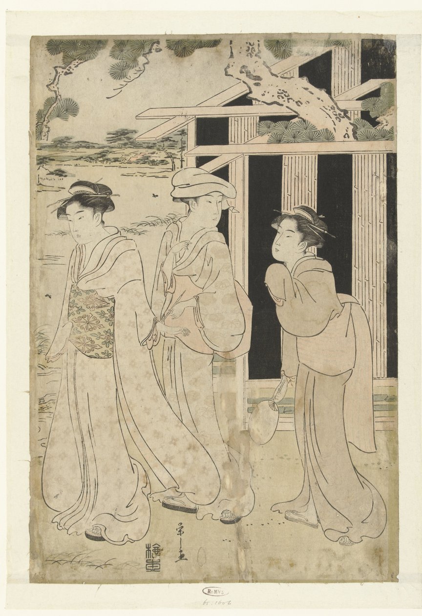 Tres mujeres caminando por el lago de Hosoda Eishi