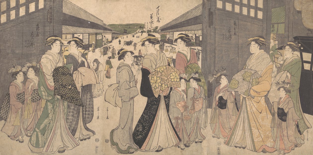 Oiran y Acompañantes en la Gran Puerta de Yoshiwara de Hosoda Eishi