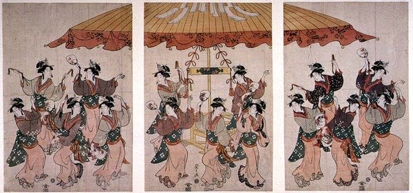 La Danza Sumiyoshi, tríptico, c.1791 de Hosoda Eishi