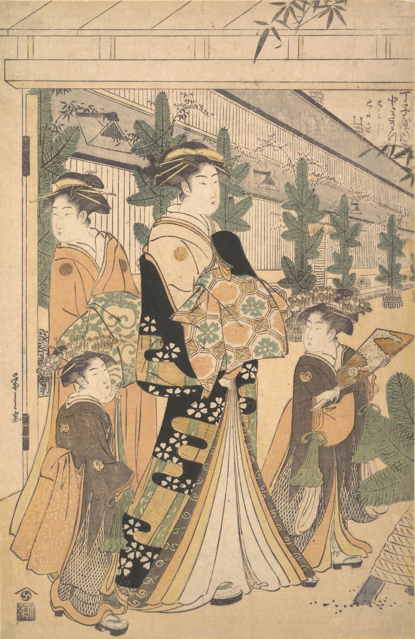 Dos Oiran con dos asistentes femeninas en Yoshiwara de Hosoda Eishi