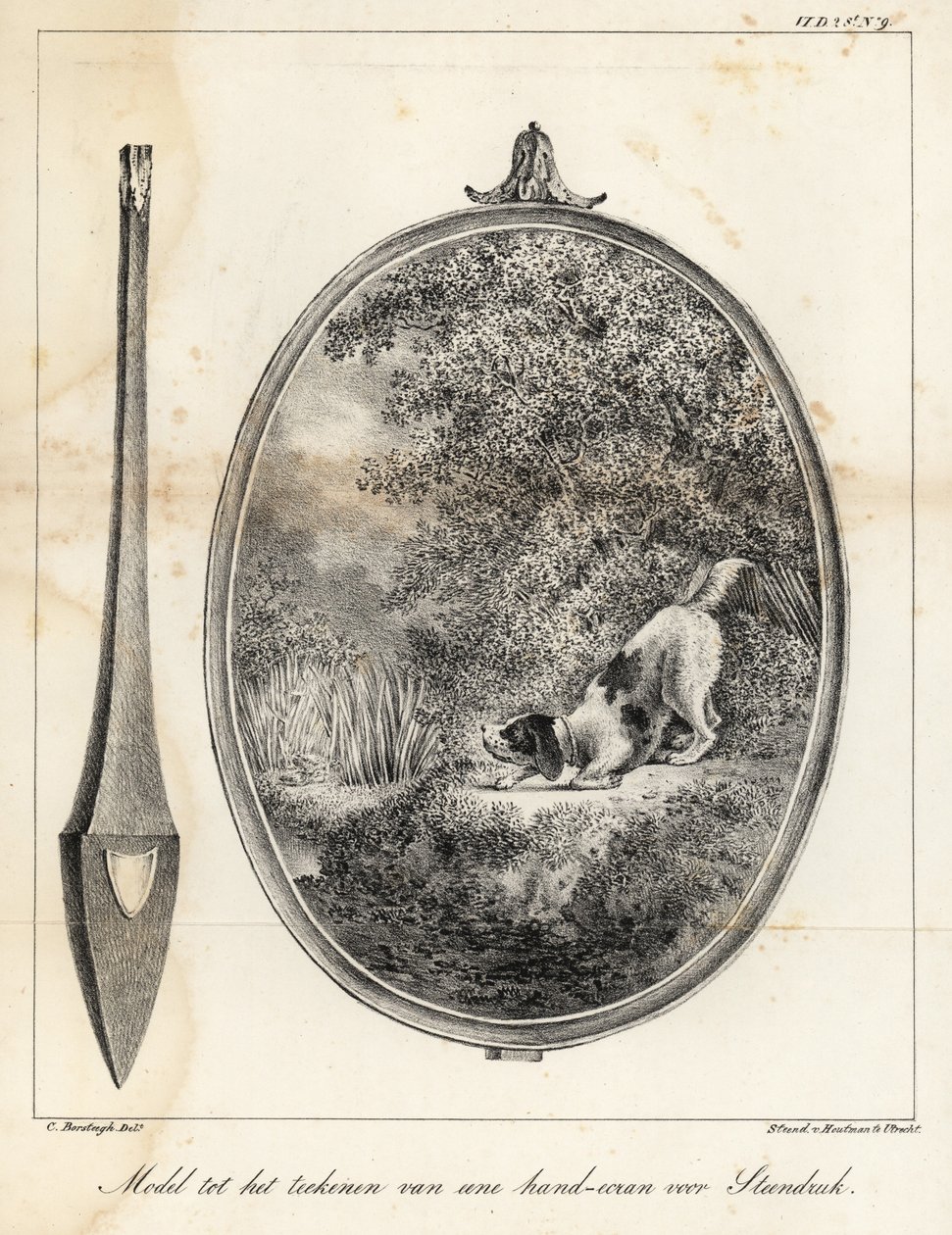 Modelo de diseño para una pantalla manual bordada que muestra un perro en la orilla de un río de Houtman Van