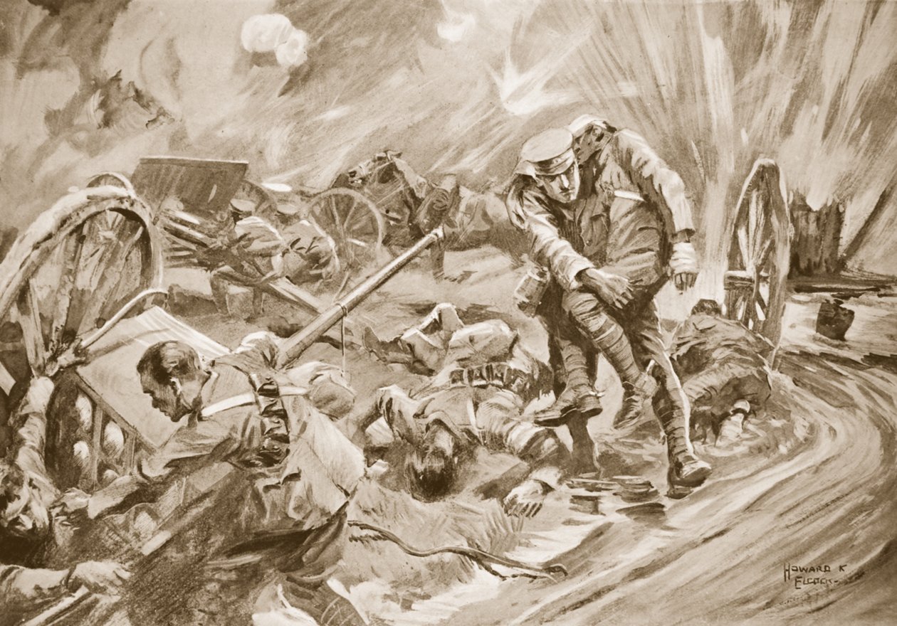El capitán W. Allen asistiendo a hombres heridos por la explosión de municiones después de haber sido él mismo herido de Howard K. Elcock