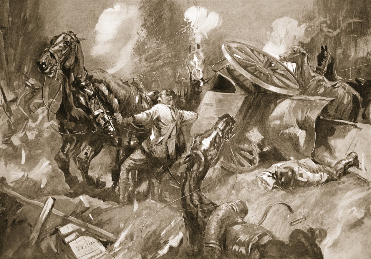 El conductor Tanser extrayendo caballos bajo intenso fuego de artillería de Howard K. Elcock