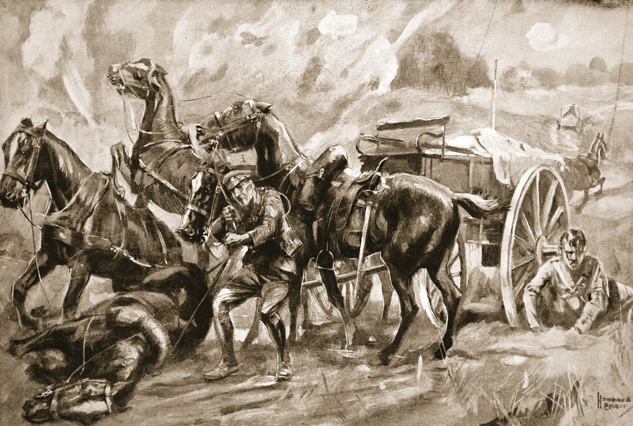 El Sargento W.G. Pull extrayendo un equipo de armas, cuyos líderes habían sido alcanzados, y llevando a los caballos y hombres sobrevivientes a salvo de Howard K. Elcock