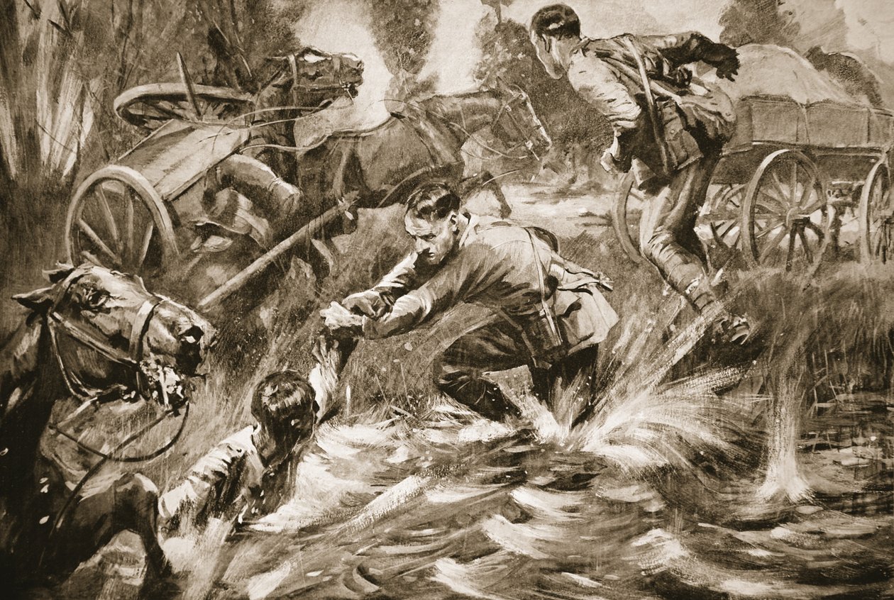 Teniente Temporal G.G. Nanson rescatando a un conductor herido bajo fuego de artillería de Howard K. Elcock