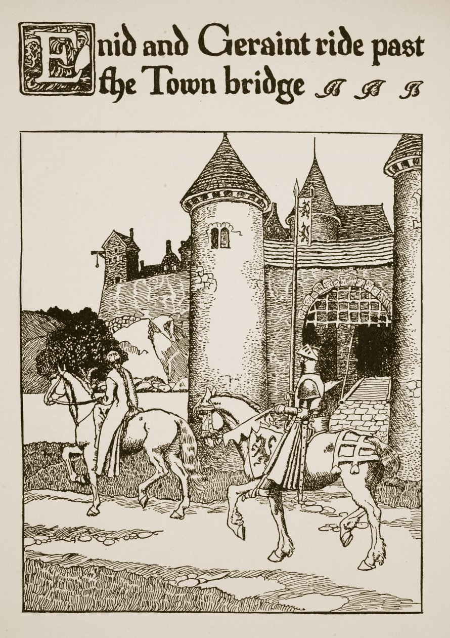 Enid y Geraint pasan por el puente de la ciudad, ilustración de 