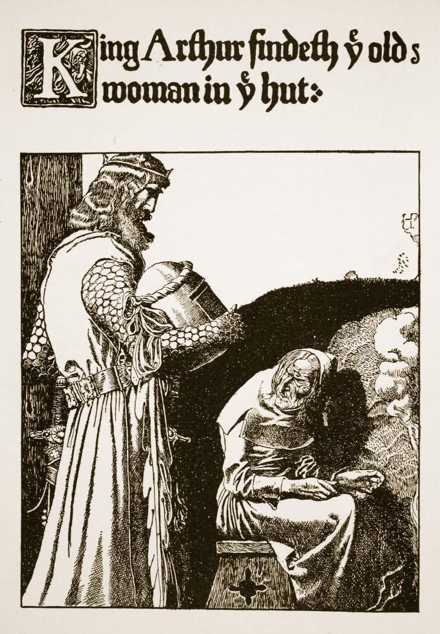 El rey Arturo encuentra a la anciana en la cabaña, ilustración de 