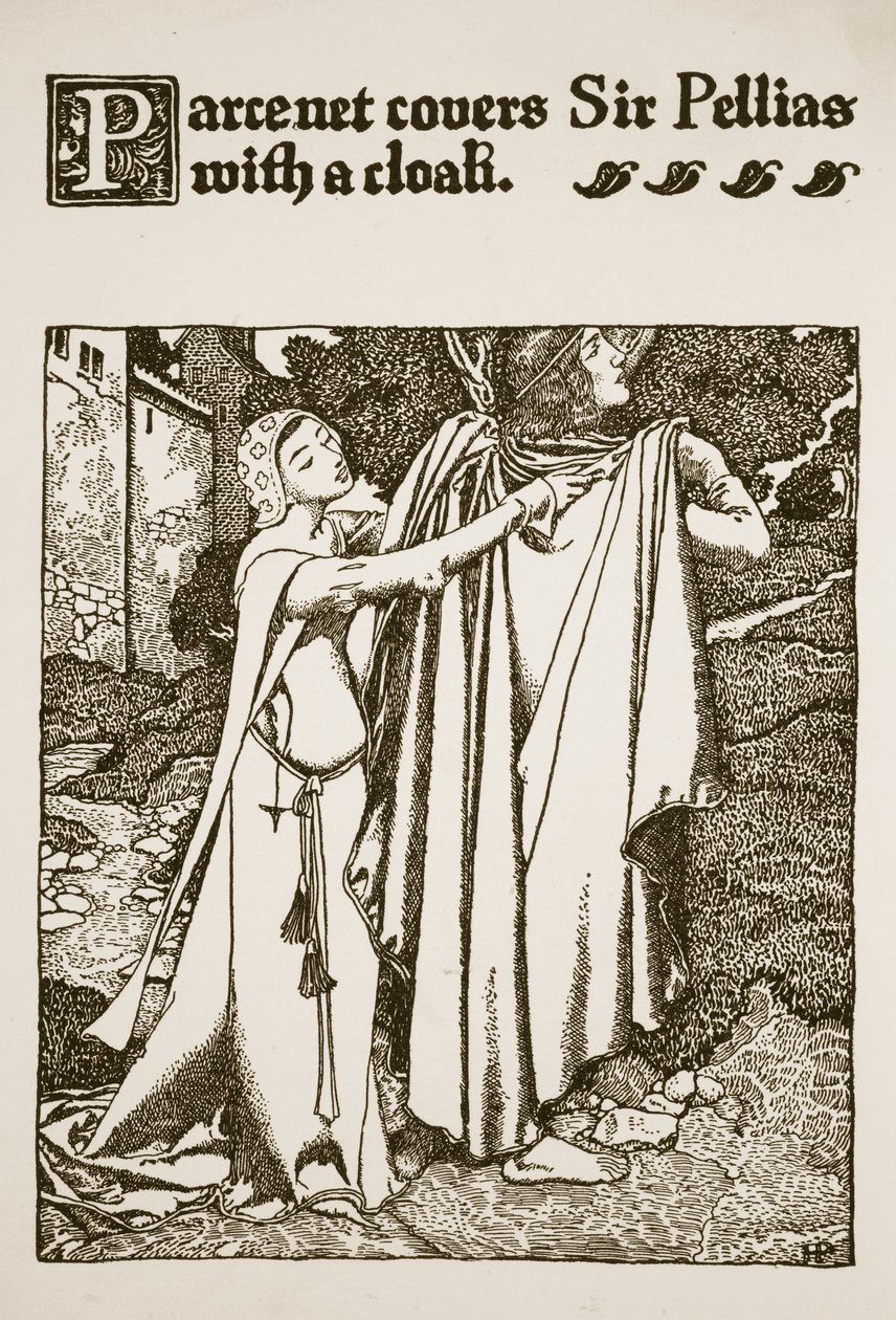 Parcenet cubre a Sir Pellias con un manto, ilustración de 