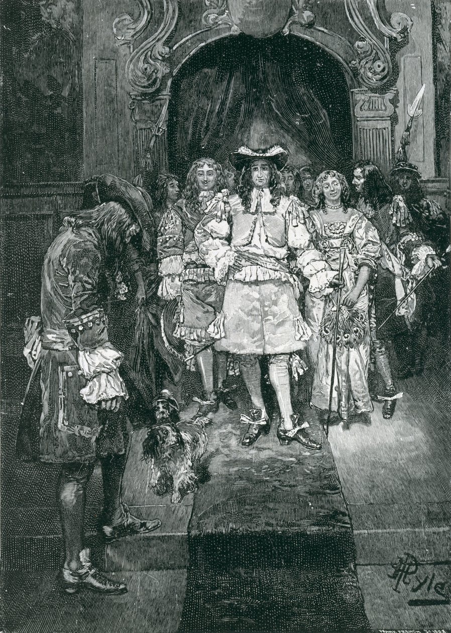 Cuáquero y Rey en Whitehall, grabado por Frank French (1850-1933) ilustración de 