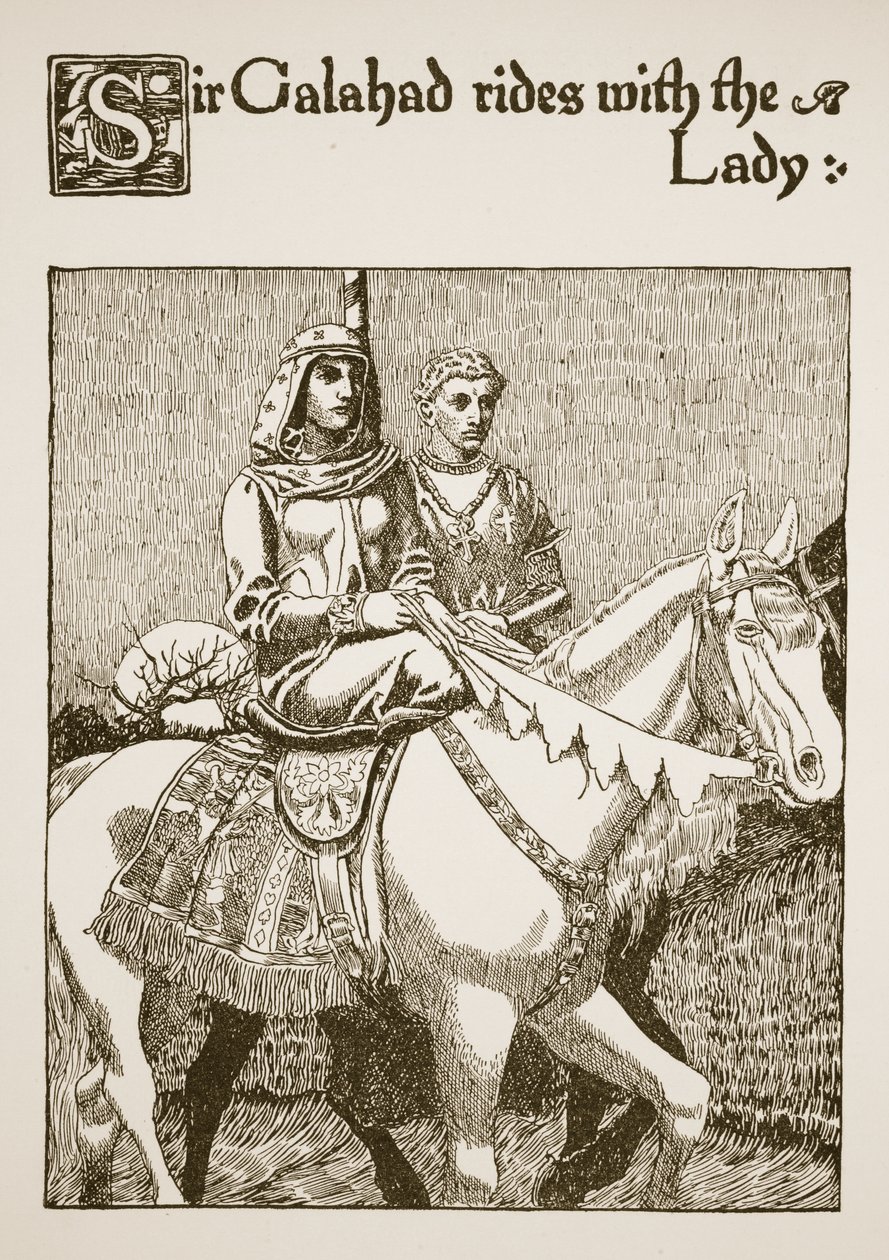 Sir Galahad cabalga con la dama, ilustración de 
