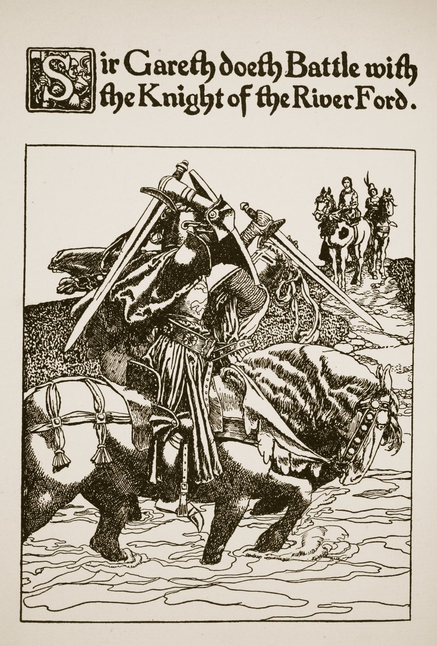 Sir Gareth lucha con el Caballero del Vado del Río, ilustración de 