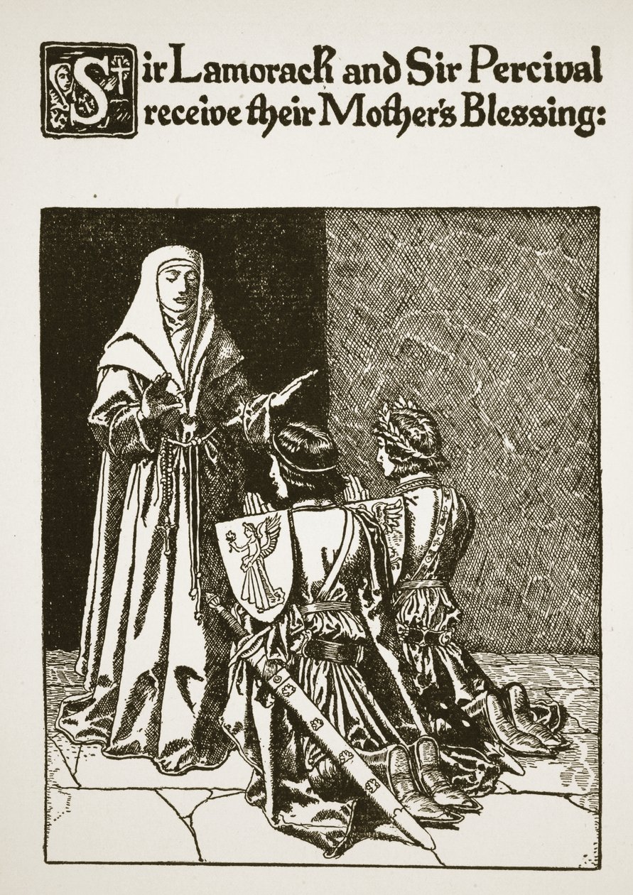 Sir Lamorack y Sir Percival reciben la bendición de su madre, ilustración de 