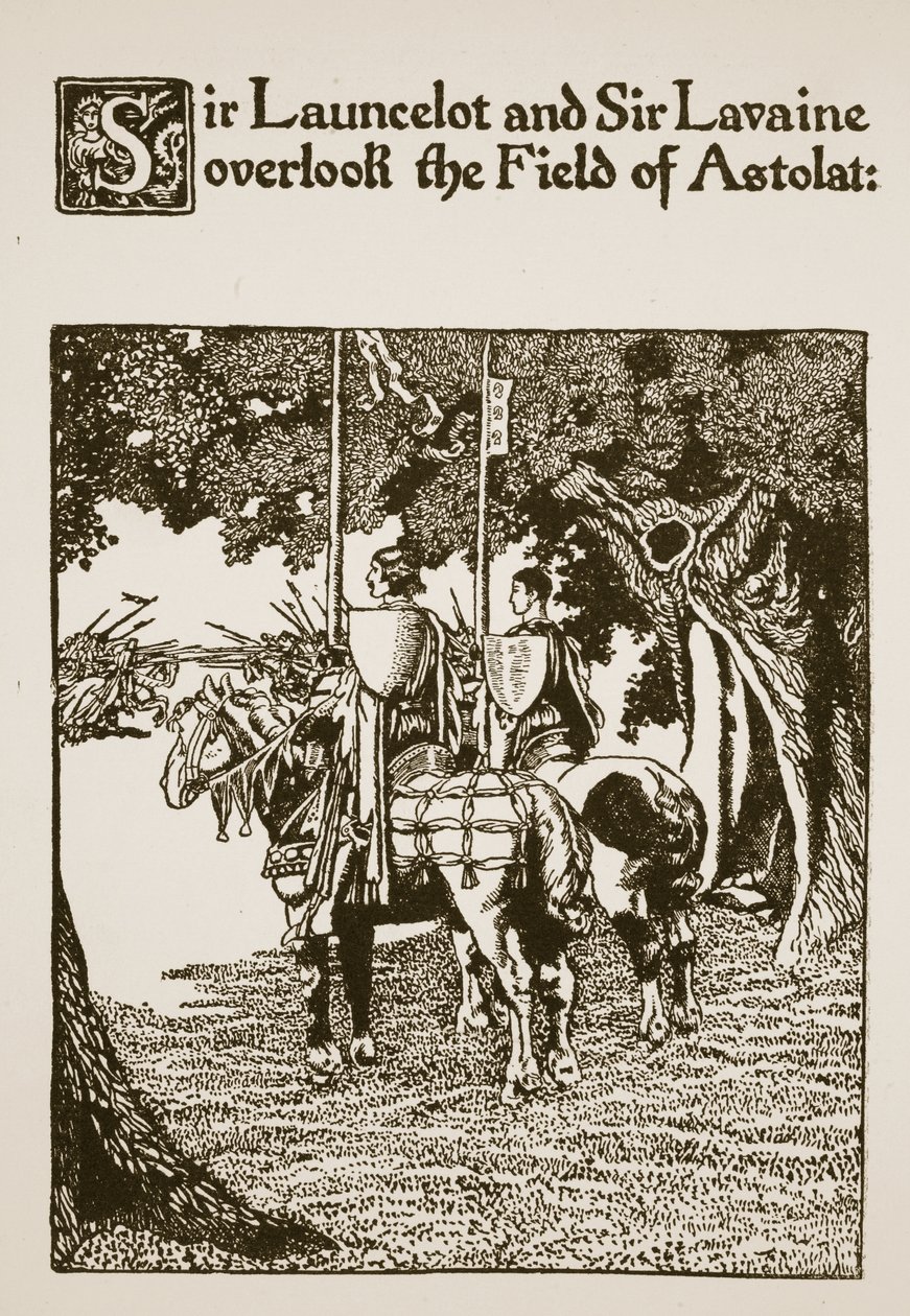 Sir Launcelot y Sir Lavaine observan el campo de Astolat, ilustración de 