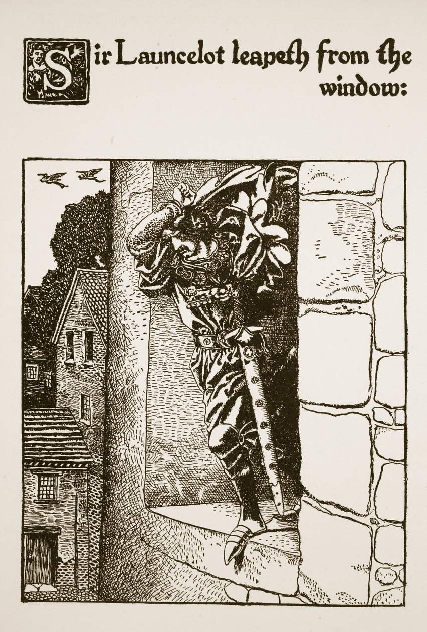 Sir Launcelot salta por la ventana, ilustración de 