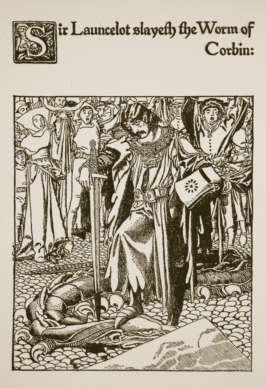 Sir Launcelot mata al gusano de Corbin, ilustración de 