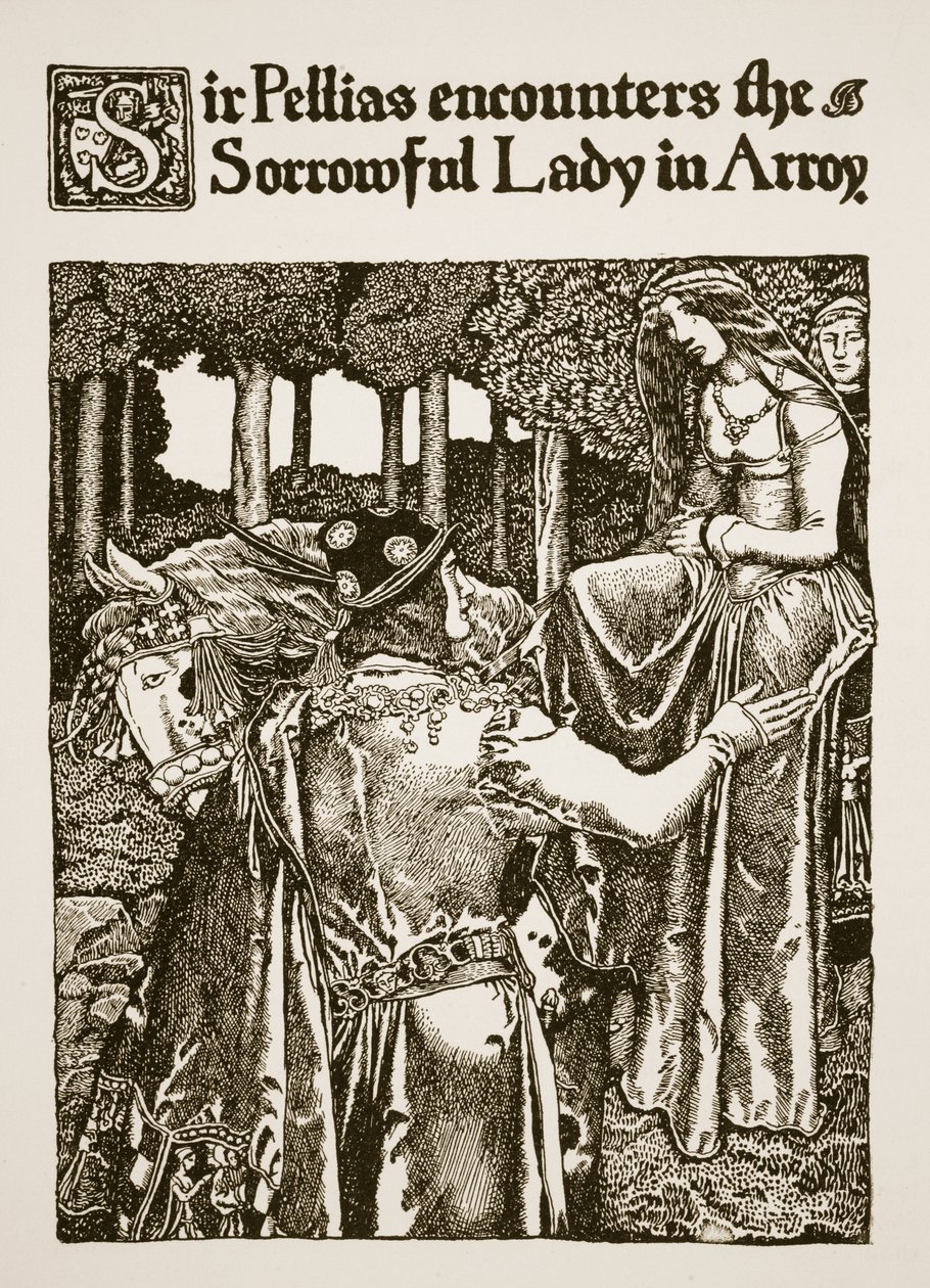 Sir Pellias encuentra a la Dama Apenada en Arroy, ilustración de 