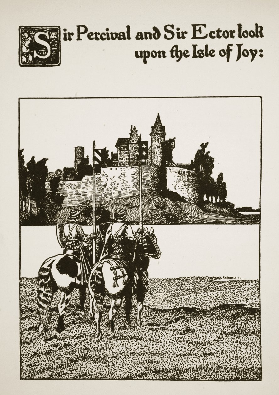 Sir Percival y Sir Ector miran la Isla de la Alegría, ilustración de 