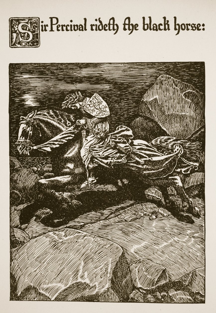 Sir Percival cabalga el caballo negro, ilustración de 